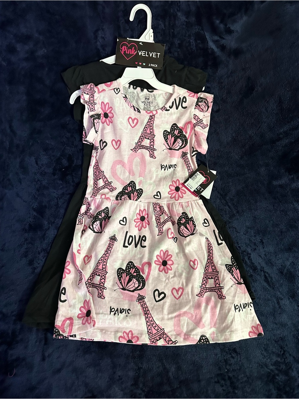 Velvet Pink and Black Paris Print Girls Dress